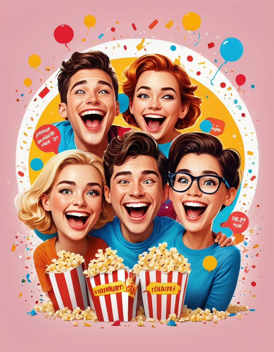 A vibrant collage of joyful characters laughing together while watching amusing video clips on screens. Surround the scene with playful elements like popcorn, confetti, and colorful speech bubbles containing funny quotes. Infuse the background with bright, cheerful colors to evoke happiness and fun. Include a whimsical touch with cartoonish styles of the characters. vector art. vibrant colors. white background.